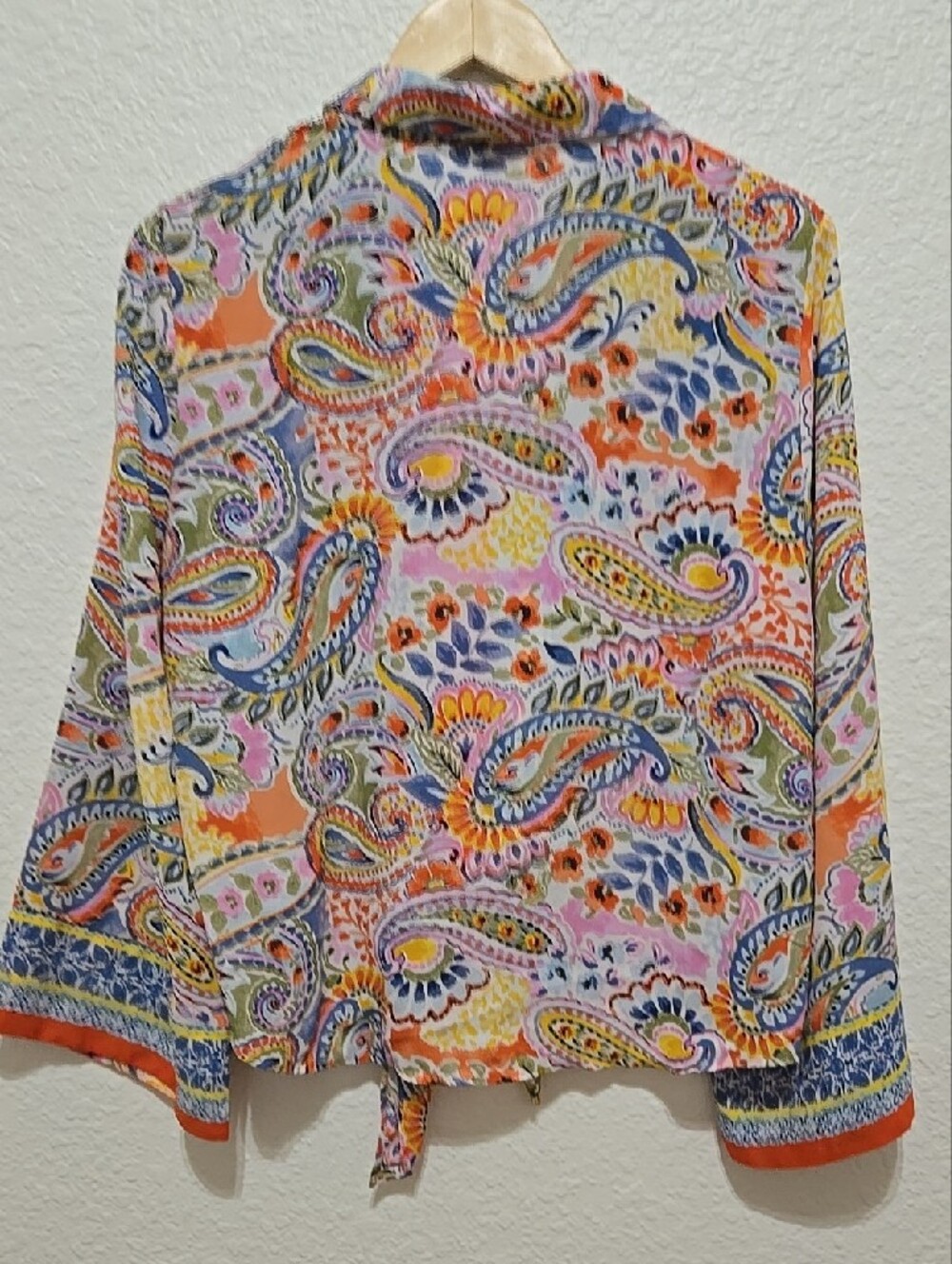 Floral And Ivy Boho Paisley Tie-Front Bell Sleeves Button Shirt - Orange Multi - Picture 8 of 12